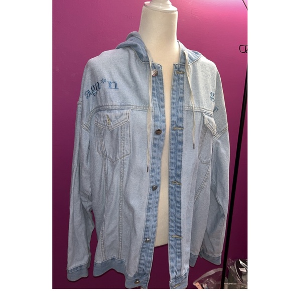 Shein EZwear Flap pocket Drawstring Hooded Light Blue Denim Jacket - Picture 6 of 7